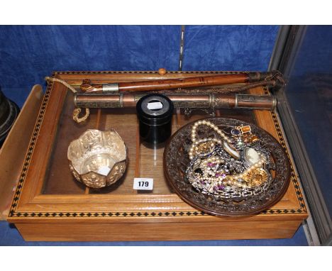 A Coalbrook dish, an Indian silver coloured bowl, a hunting whip, an ebony box with silver mount decoration to the lid, costu