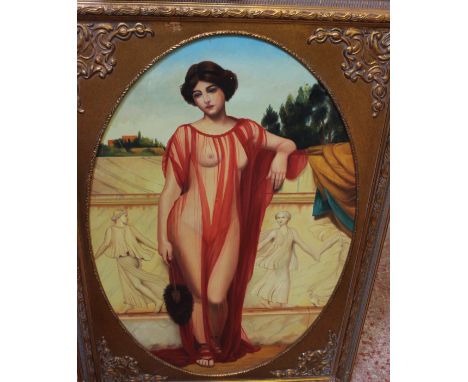 20th Century Pre Raphaelite nude in red cloak, oil on canvas board, oval, unsigned, 90cm x 59cm 