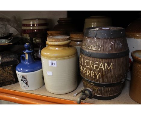 A miscellaneous collection of items to include stoneware, a lacquer box, binoculars, a wall clock, scales etc 