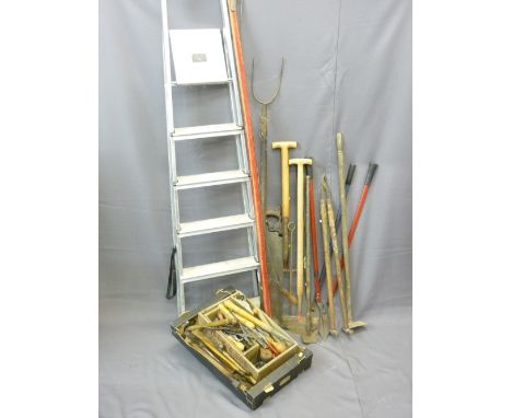 PARCEL OF LONG HANDLED GARDEN TOOLS, metal Abru step ladder and a quantity of vintage hand tools including planes, spoke shav