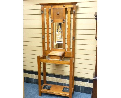 EXCELLENT 'ARTS &amp; CRAFTS' STYLE POLISHED HALL STAND with drip trays and central bevelled wall mirror