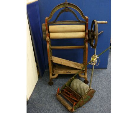 VINTAGE MANGLE labelled 'S Aston &amp; Son Limited, Caernarvon' and a Webb Witch old lawn mower