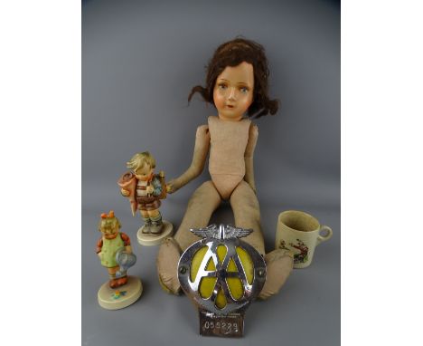 VINTAGE CLOTH BODY DOLL WITH HAND PAINTED FACIAL DETAIL, two Hummel figurines, a child's mug and a vintage AA badge