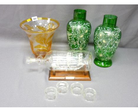 RICHARDSON'S CAMEO GLASS VASE, a pair of Victorian enamel decorated vases, a glass model Cutty Sark in a bottle and four glas