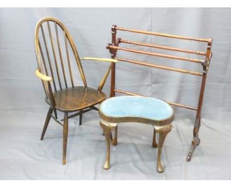 MAHOGANY TOWEL AIRER, small upholstered kidney shaped stool and a single ercol stick back arm chair