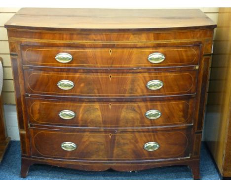 GEORGIAN STYLE BOW FRONTED CHEST of four long drawers with inlay detail, 108cms height, 122cms width, 54cms depth