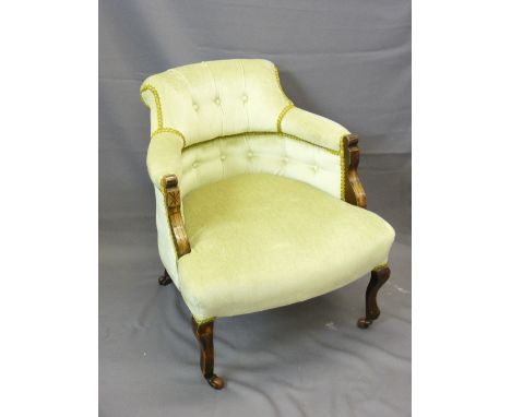 LIGHT GREEN BUTTON BACK UPHOLSTERED TUB CHAIR on shaped front supports with castors