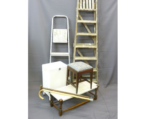 MIXED PARCEL - a wooden step ladder, metal step ladder, Loom style linen basket, two walking sticks, string topped stool ETC