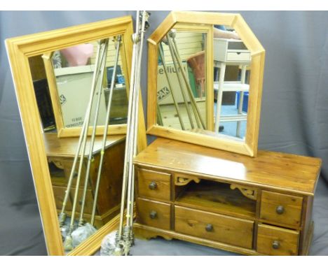 ANTIQUE PINE STYLE ENTERTAINMENT UNIT, quantity of curtain poles, various sizes, large wooden framed wall mirror and a pine f