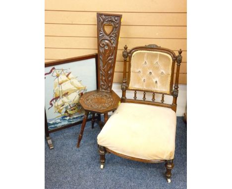 EDWARDIAN NURSING CHAIR, spinning chair with carved detail and a woolwork fire screen 