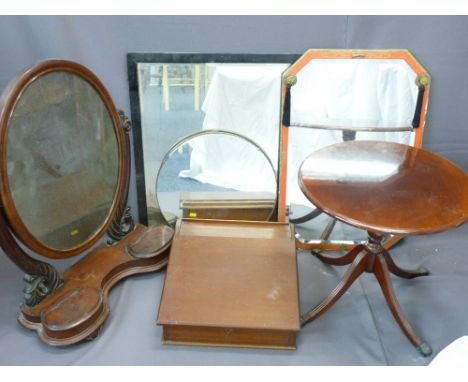 VICTORIAN MAHOGANY OVAL TOILET MIRROR with twin lift up lid compartments, a circular occasional table with claw feet, three v