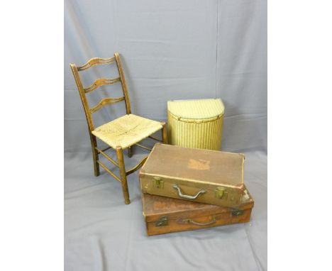 TWO VINTAGE SUITCASES, a string seated ladder back farmhouse chair and a Lloyd loom 'Lusty' linen basket
