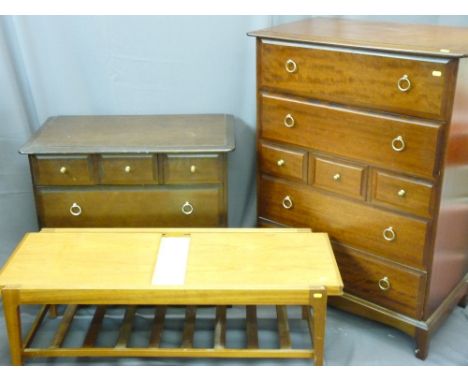 TWO STAG BEDROOM CHESTS and a Remploy extending coffee table with tiled insert and ladder base shelf