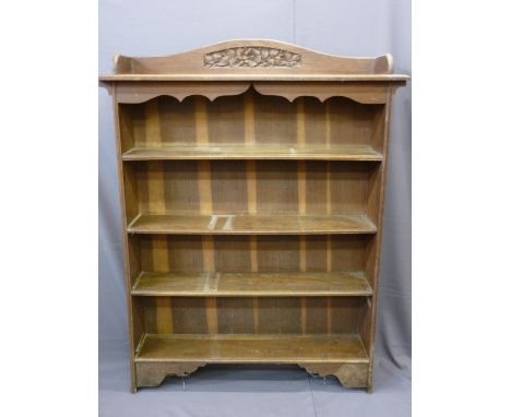 ANTIQUE STYLE OPEN FOUR SHELF BOOK CASE with carved arched, rail back, 157cms height, 118cms width, 28cms depth