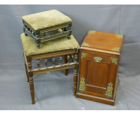 MAHOGANY FALL FRONT COALBOX, a vintage stool with spindle detail and a similar footstool with matching upholstery