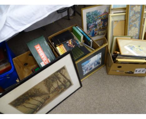 LARGE PARCEL OF TAPESTRIES, PRINTS, PAINTINGS ETC, a quantity of mixed books and vintage board games