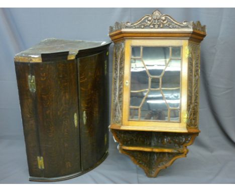 FINE CARVED OAK HANGING CORNER CUPBOARD, carved inscription 'Oak From Foudroyant' and a bow fronted hanging corner cupboard