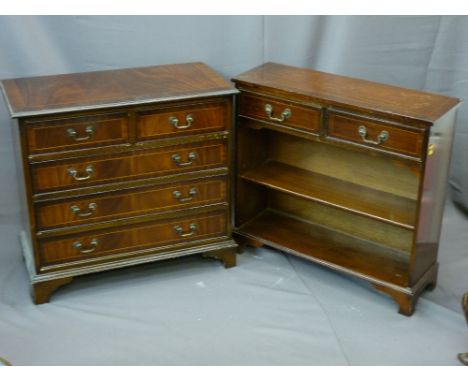 MAHOGANY INLAID CHEST of two over three long drawers and a similar slim two drawer, two shelf bookcase