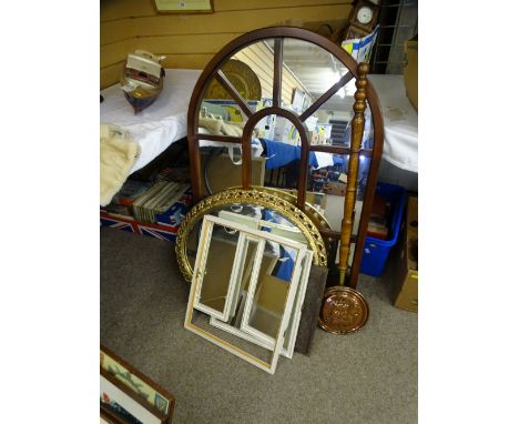 SECTIONAL ARCHED WALL MIRROR and a parcel of other wall mirrors, long handled warming pan ETC