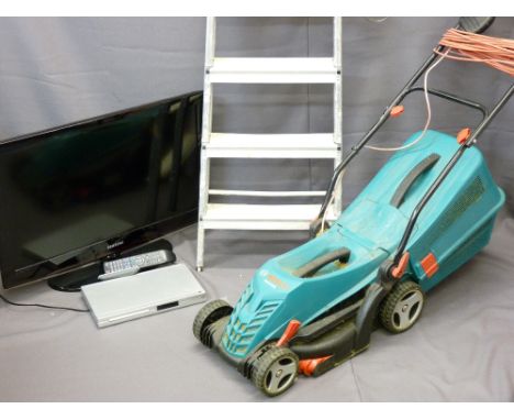 SAMSUNG 32INS LCD TV, Phillips DVP3120 DVD player, Bosch Rotak 34R electric lawn mower and a metal seven tread step ladder E/