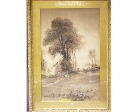 GEORGE SHEFFIELD fine sepia watercolour - rural scene of farmstead, resting sheep and farmer leaning on a gate, signed, 113 x