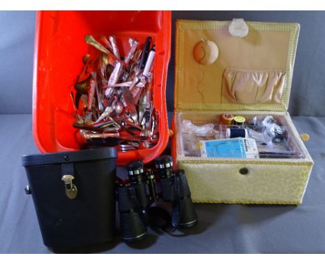 KINGS PATTERN &amp; OTHER CUTLERY, a vintage cased set of Boots binoculars and a haberdashery box with contents
