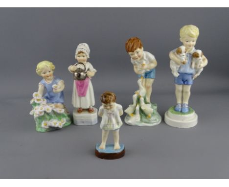 FIVE ROYAL WORCESTER PORCELAIN FIGURINES OF CHILDREN titled 'May' 3455, 'Tommy' 2913, 'Young Farmer', 'Monday's Child is Fair