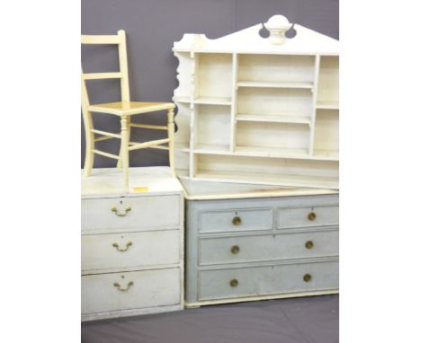 PARCEL OF VINTAGE PAINTED FURNITURE including pine two over two chest, pine three drawer chest and multi-shelf wall hanging u