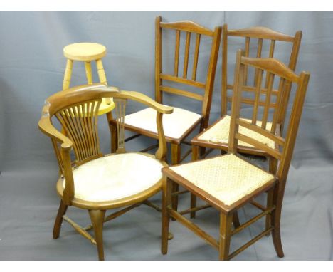 PARCEL OF THREE SIMILAR INLAID BEDROOM CHAIRS, a single tub chair and a kitchen stool ETC
