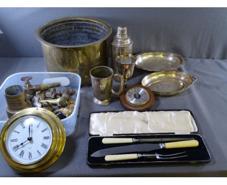 VINTAGE METALWARE including a good brass planter, a cocktail shaker, cased carving set ETC