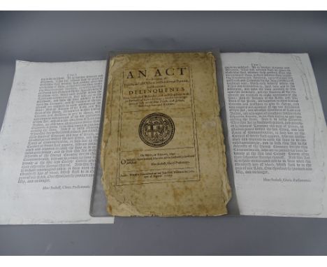 ANTIQUE EPHEMERA - ENGLISH CIVIL WAR  'An Act for removing all papists, officers, soldiers of fortune and other delinquents f