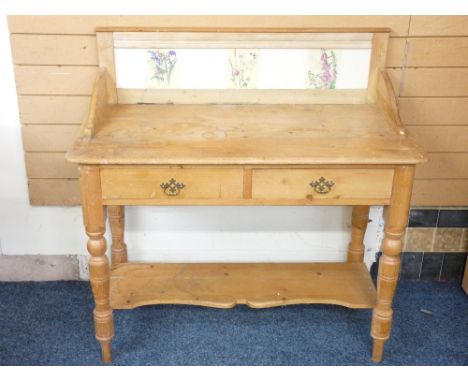 ANTIQUE PINE WASH STAND with tile back, two drawers and lower base shelf, 99cms height, 100cms width, 50cms depth