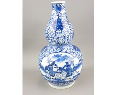 CHINESE BLUE &amp; WHITE PORCELAIN DOUBLE GOURD VASE, overall repeating floral decoration surrounding two panels depicting fi