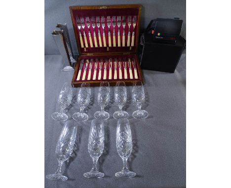 VINTAGE CASED SET OF TWELVE FISH KNIVES &amp; FORKS with silver ferrules, a quantity of cut glass champagne flutes, a pair of