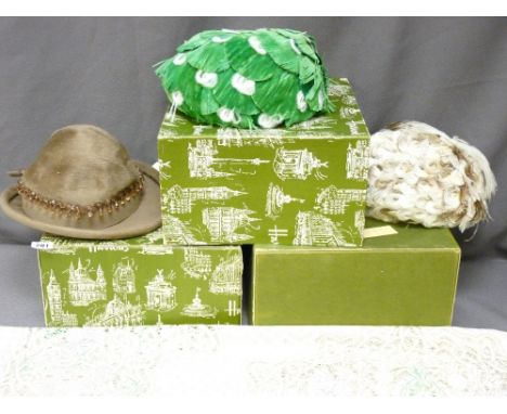 THREE LADY'S VINTAGE HATS with Harrods boxes and a vintage table cover