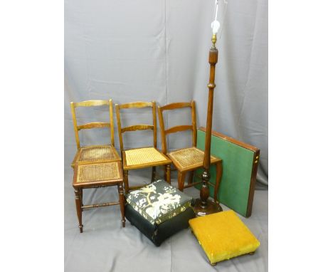 THREE CANE SEATED CHAIRS, a foot stool, cane seated stool, reeded decorated standard lamp ETC