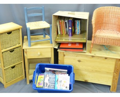 PINE STORAGE BOX, side table with drawer, three basket storage shelf, small cane chair, string seat chair and two boxes conta