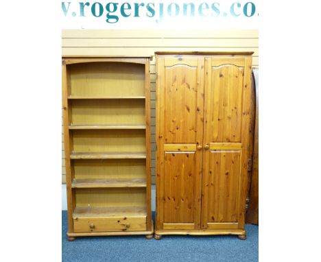 MODERN PINE FURNITURE - a two door wardrobe and an open shelf bookcase with base drawer