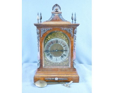 LATE 19th CENTURY BURR WALNUT BRACKET/MANTEL CLOCK by Lenzkirch, silvered dial set with Roman numerals, twin gong striking mo