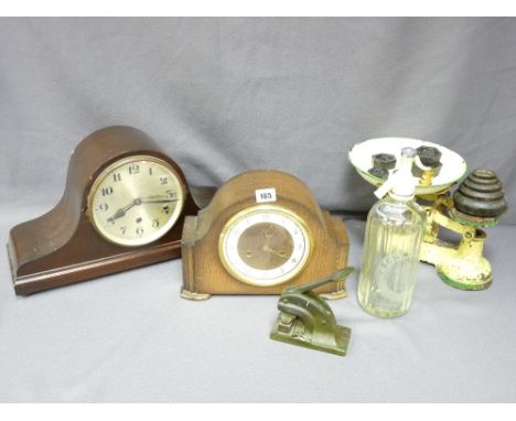 TWO VINTAGE MANTEL CLOCKS with a set of cast iron kitchen scales and weights ETC