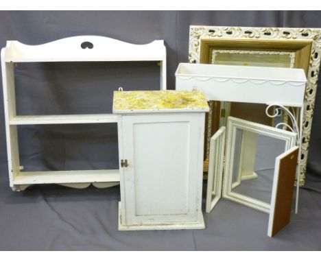 VINTAGE PAINTED SINGLE DOOR CUPBOARD, a painted open book shelf, mirror, planter ETC