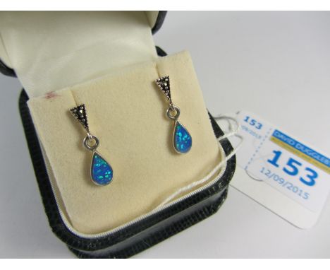 Pair opal and marcasite drop ear-rings stamped 925