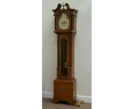 Reproduction walnut cased longcase clock, weight driven chiming movement, H196cm