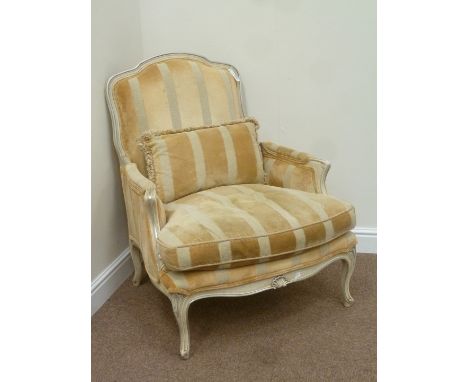 French style crackle glazed painted wood framed armchair upholstered in stripe cover with loose cushion and scatter cushion, 