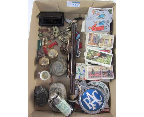 19th century horn snuff box, Bavarian pipe, fossils, cigarette cards, RAC badge and miscellanea in one box