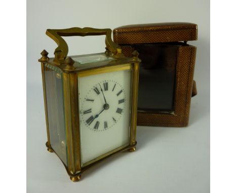 19th/20th century French brass carriage clock manufactured by Duverdry and Bloquel, in leather case H13.5cm 