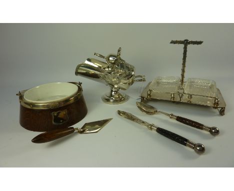 Silver-plated sugar basin in the form of a coal scuttle with scoop spoon, miniature trowel, two division dish with servers an
