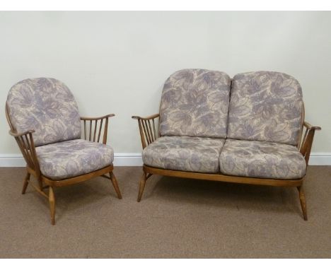 Ercol Golden Dawn beech framed two seat sofa (W133cm), and matching armchair (W69cm), with loose cushions