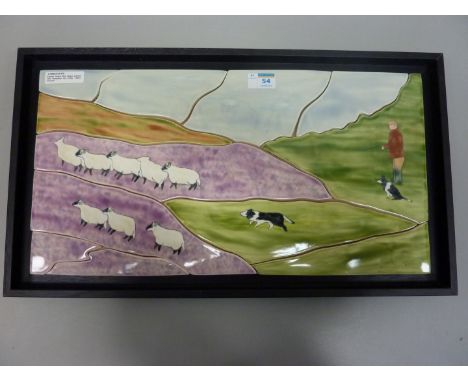 Eskdale Studio tiled plaque painted with sheepdogs and sheep  L59cm (framed)