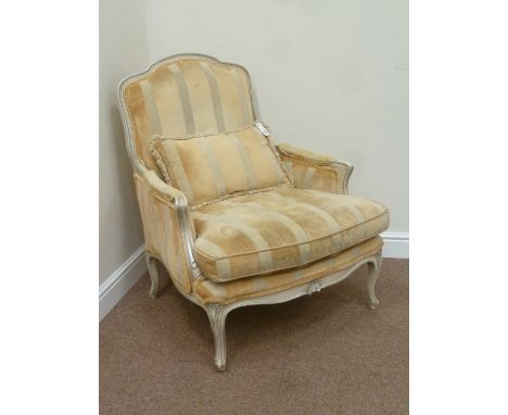 French style crackle glazed painted wood framed armchair upholstered in stripe cover with loose cushion and scatter cushion, 